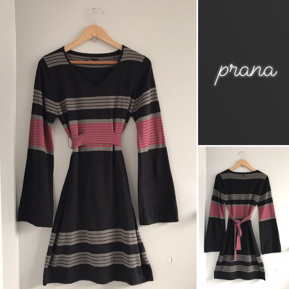 Prana Black Knit Long Sleeve Striped Dress • M